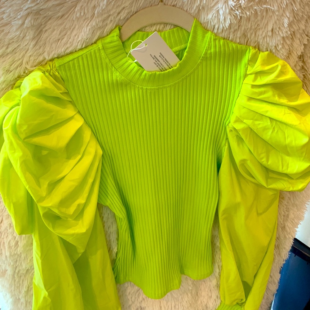 NWT Chartreuse Acid Neon Lime Green 🎾 Puff Balloon Long Sleeve Knit Top Sweater